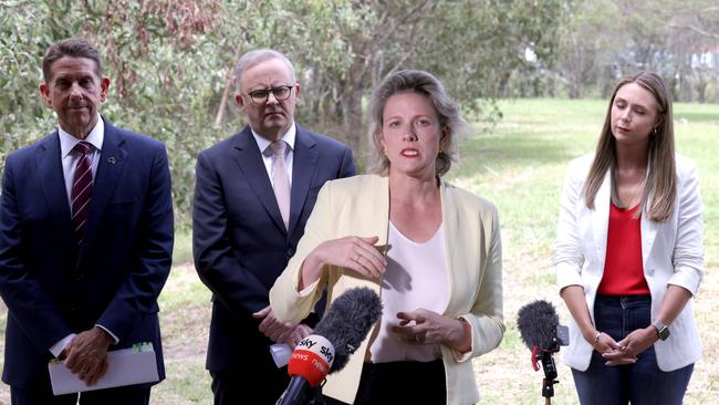 Federal Housing Minister Clare O’Neil addressing the media, watched by Queensland Deputy Premier Cameron Dick, Prime Minister Anthony Albanese and Queensland Housing Minister Meaghan Scanlon. Picture: Steve Pohlner