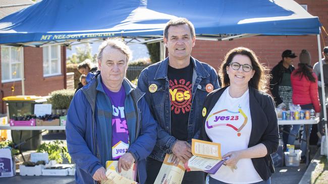 VOICEREF23, Yes 23 supporters Robert van Krieken, Nic Fischer and Meg Webb MLC at Mount Nelson Primary School polling place at Mount Nelson, Tasmania. Picture: Chris Kidd