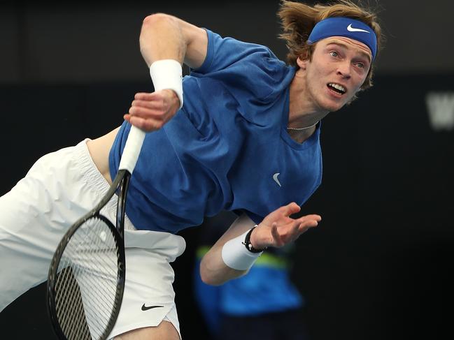 ADELAIDE, AUSTRALIA - JANUARY 15: Andrey Rublev of Russias serves to Sam Querry of the USA during day four of the 2020 Adelaide International at Memorial Drive on January 15, 2020 in Adelaide, Australia. (Photo by Paul Kane/Getty Images)