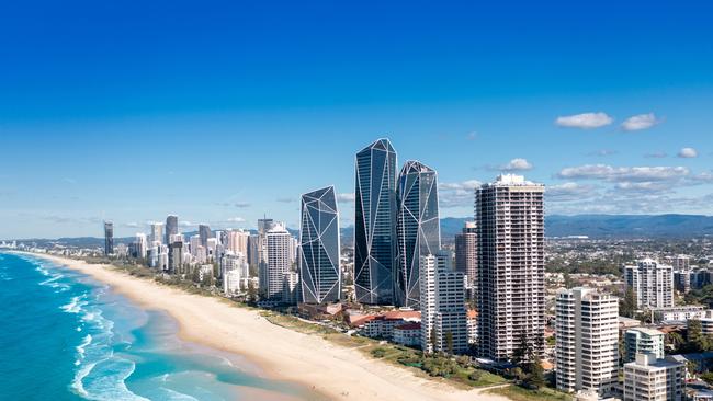 Aerial view of the stunning Gold Coast skyline on a sunny day, Queensland, Australia