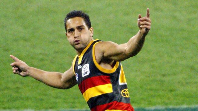 Andrew McLeod celebrating yet another goal, a common sight in his 16-season career at Adelaide. Picture: George Salpigtidis