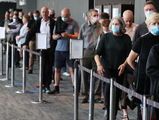 Vaccinations for Over 50's begins today pics at the Melbourne Exhibition Centre. The lineup outside the centre. Monday, May 3, 2021. Picture: David Crosling