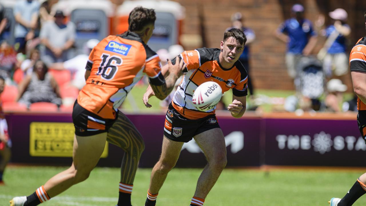 Harry Spraggs of Carina Brisbane Tigers against Western Clydesdales in pre-season Host Plus rugby league at Toowoomba Sports Ground, Sunday, February 16, 2025. Picture: Kevin Farmer