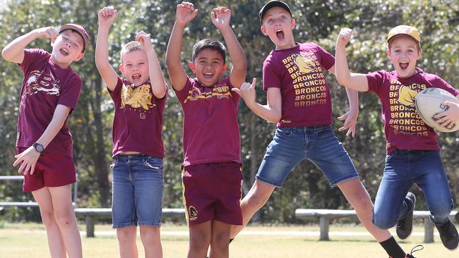 Young Broncos fans Riley Gimm (10), Mason Gimm (8), Rame Neemia (8), Riley Archbold (10) and Tom Archbold (9). Picture: Peter Wallis