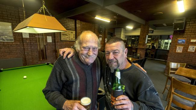 Macedon Railway Hotel owner Rod Hughes (left) with patron Rob Cornish. Picture: Luis Enrique Ascui