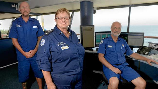 Marine Rescue Point Danger unit commander Glenda Ashby and fellow volunteers Stephen Walters and Philip Pickering are thrilled to be back in their communications headquarters. Photo: Liana Turner / Tweed Daily News. Picture: Liana Turner