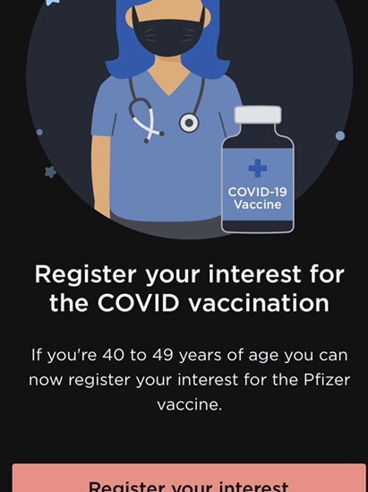 NSW residents can now register for the Covid-19 vaccine in the state's check-in app. Picture: Supplied