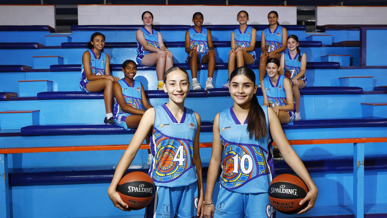 The Cairns Dolphins under 14 years girl's basketball team has returned from the national championships in Melbourne with a fourth place. Americus Walker and Keresse Luki with their team mates (clockwise from top left) Clare Zuvelek, Evelyn Pearson, Mikaylee Martin, Grace McGoogan, Skye Dorany, Summer Mitchley, Nancy George and Brienne Long at the Cairns Basketball Stadium. Picture: Brendan Radke