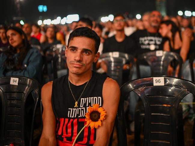 Families of victims and hostages attend the main ceremony in Tel Aviv, Israel, which changed from being open to the general public to just being for the families of victims and hostages. Picture: Getty Images