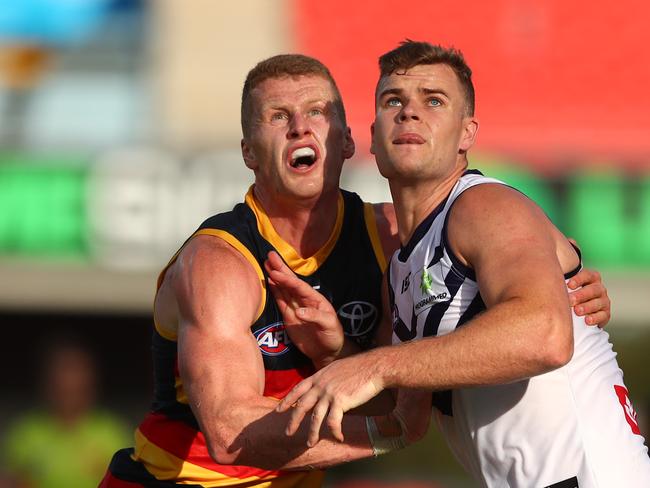 Crows ruckman Reilly O'Brien competes with Fremantle’s Sean Darcy. Picture: CHRIS HYDE/GETTY IMAGES