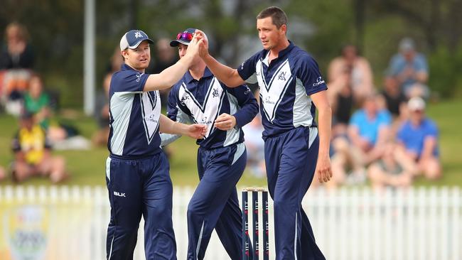 Victorian players celebrate a wicket at the Junction Oval in 2018. Picture: Scott Barbour/Getty Images