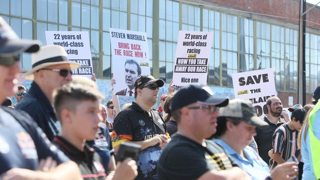 Protesters rallied at Mile End on Sunday to call on the State Government to reinstate the Adelaide 500. Picture: Emma Brasier.