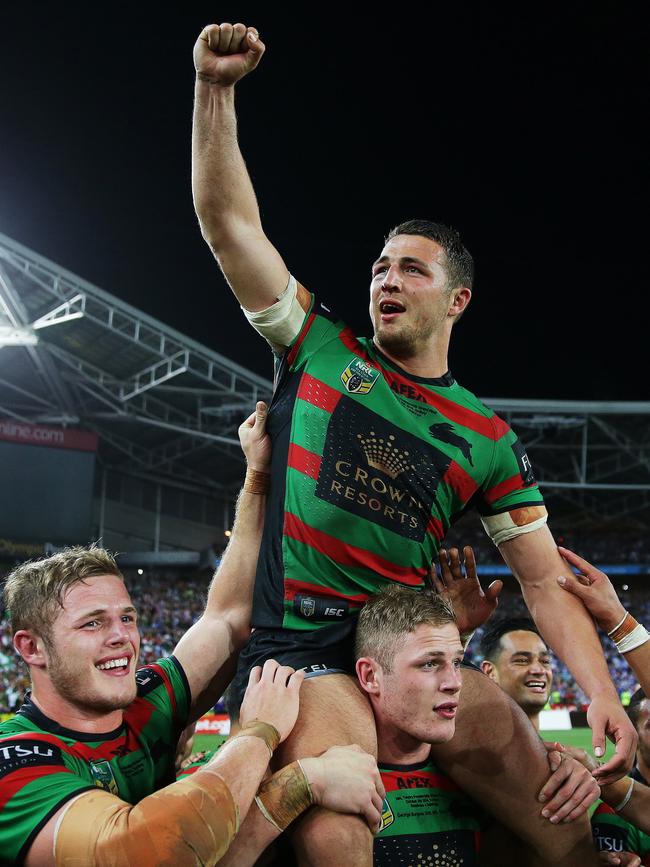 South Sydney's Sam Burgess is chaired from the field after the Rabbitohs won the the 2014 NRL Grand Final between the South Sydney Rabbitohs and the Canterbury Bankstown Bulldogs at ANZ Stadium .Picture Gregg Porteous