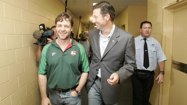 Russell Crowe and Peter Holmes a Court are all smiles at Stadium Australia after winning a vote of the members that gave them control of the South Sydney Rabbitohs.