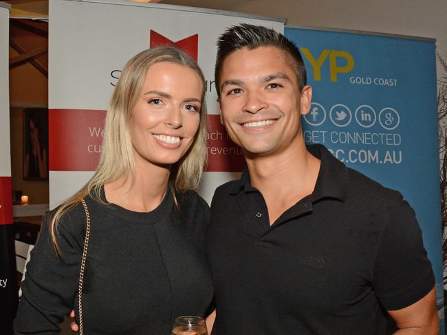 Stephanie Thomson and Daniel Tyshynski at Young Professionals GC cocktails at Bar Hellenika, Nobby Beach. Picture: Regina King