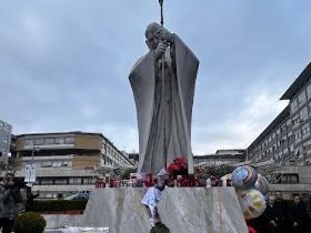 People left presents for the Pope at the statue of Pope John Paul II outside Gemelli Hospital in Rome where Pope Francis remains hospitalised. Picture: Sophie Elsworth