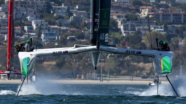 Australia SailGP Team helmed by Tom Slingsby in action in LA. Picture: Felix Diemer for SailGP.