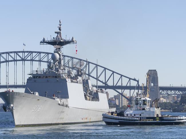 Republic of Korea Navy destroyer ROKS Wang Geon prepares to come alongside Fleet Base East in Sydney for a COVID-Safe port visit ahead of Exercise Pacific Vanguard earlier this month. Picture: Supplied