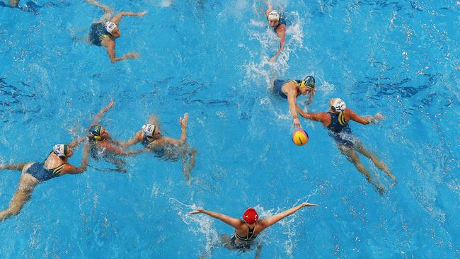 The Australian women’s water polo team training ahead of the Olympics. Picture. Phil Hillyard