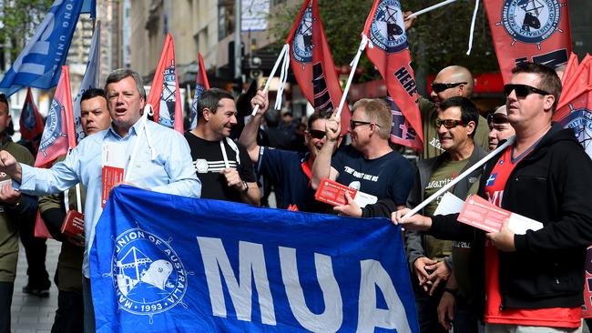 Sacked workers from Hutchison Ports and their supporters rally in Sydney. Picture: AAP