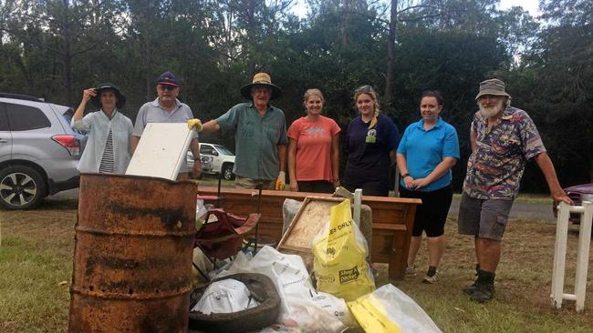 CLEAN UP: Mary River Catchment Co-ordinating Committee members and volunteers had plenty to keep them occupied in Gympie on Sunday, when they dredged all kinds of rubbish from our part of Australia, at Six Mile Creek and the Mary River. Kerry Senini, Graham Parr and Graeme Elphinstone joined Caitlin Mill, Bella Mitchelhill, Clarissa CJ Holzapfel and Ian Mackay delivered their haul for council collection at the Six Mile Creek rest area. Picture: Arthur Gorrie