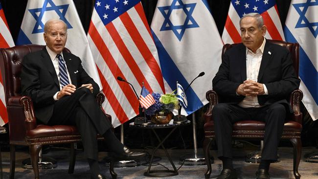 US President Joe Biden and Israel's Prime Minister Benjamin Netanyahu at a meeting of the Israeli war cabinet in Tel Aviv on October 18, 2023. Picture: AFP