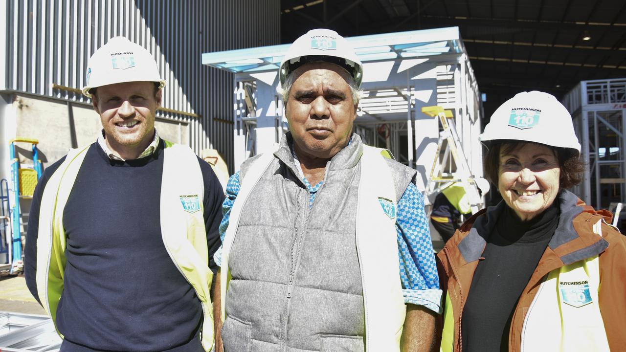 Inspecting work on the new Manjali Studio School that will be located in the southern West Kimberley of Western Australia is (from left) Hutchinson Builders Toowoomba team leader Sean Lees, Bunuba Dawangarri Aboriginal Corporation director Kevin Oscar and Studio Schools Australia chief executive Dr Helen Drennen.