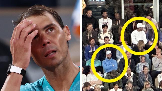 Novak Djokovic and Carlos Alcaraz watched from the stands as Rafael Nadal exited the French Open. Picture: AFP, Twitter