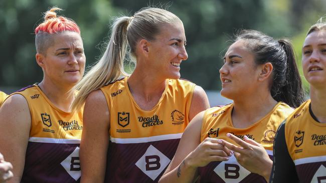 Broncos players Chelsea Baker, Ali Brigginshaw, Annette Brander and Julia Robinson. Picture: AAP Image/Glenn Hunt