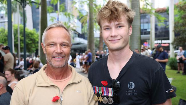 Dan Norton Smith and Zade Norton Smith at the Surfers Paradise RSL Anzac Day noon service 2025 at Cavill Park for Gold Coast at Large. Picture, Portia Large.