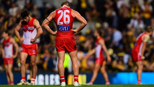 Luke Parker of the Swans bows his head after the loss to the West Coast Eagles.