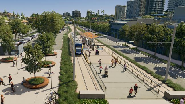 Artist impression of Gold Coast Light Rail Stage 4 between Tugun and Coolangatta, including Gold Coast Airport and the NSW border. Picture: Department of Transport and Main Roads.