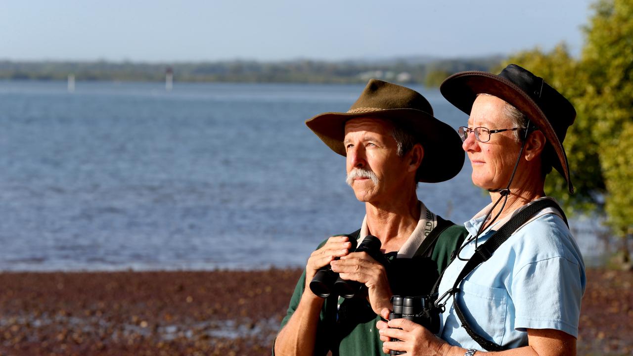 Marine biologist David Milton with bird enthusiast Sandra Harding at Toondah Harbour in Cleveland. Picture: Renae Droop