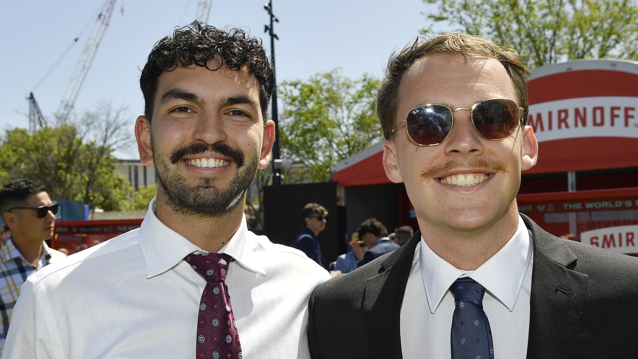 Caulfield Guineas horse race meeting, Caulfield, Victoria, Saturday 12th October 2024. Faces in the crowd. Pictured enjoying the race meeting are Zac and Chris. Picture: Andrew Batsch