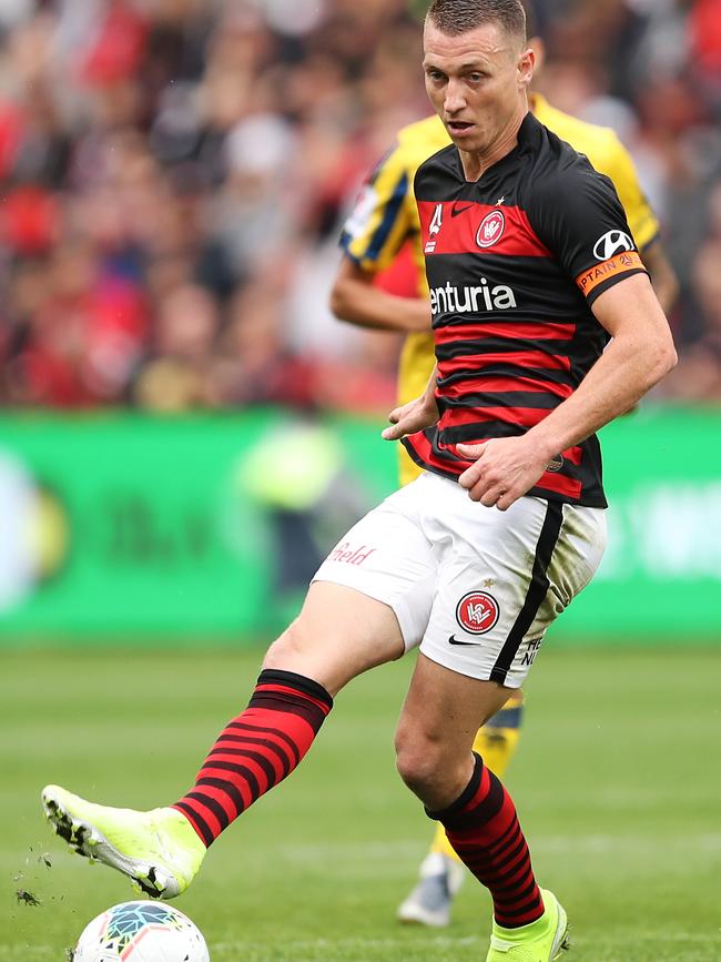 Mitchell Duke of the Wanderers passes the ball during the round-one match. Picture: Getty Images