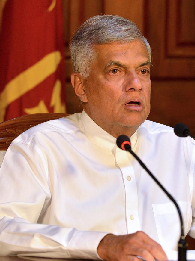 Sri Lankan Prime Minister Ranil Wickremesinghe speaks to media on Easter Sunday. Picture: Ishara S Kodikara/AFP