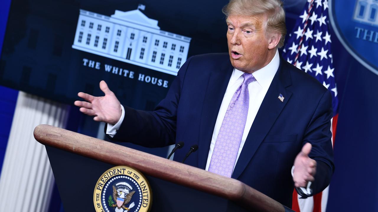 Mr Trump at today’s White House media briefing. Picture: Brendan Smialowski/AFP