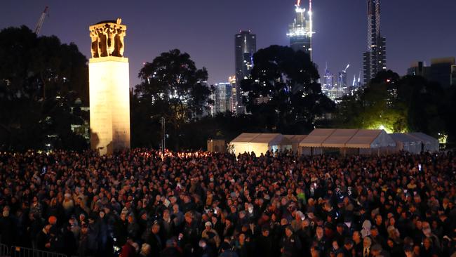 Crowds gather during the Anzac Day dawn service at the Shrine of Remembrance in Melbourne. Picture: AAP Image/David Crosling