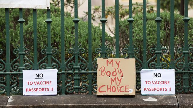 An anti-vax protest outside Parliament House in Brisbane. Picture: Tara Croser.