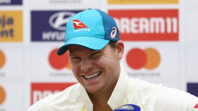 Steve Smith enjoys Australia’s win over India during his press conference.