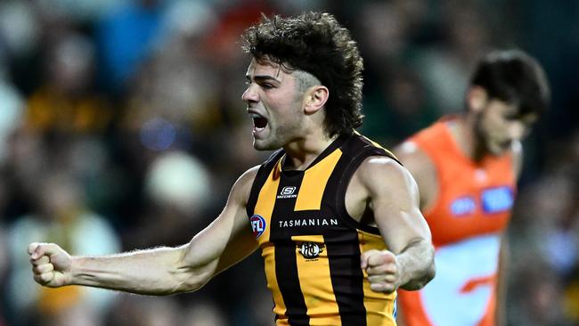 LAUNCESTON, AUSTRALIA - MARCH 29: Nick Watson of the Hawks celebrates a goal during the round 3 AFL match between the Hawthorn Hawks and GWS Giants at University of Tasmania Stadium, on March 29, 2025, in Launceston, Australia. (Photo by Steve Bell/Getty Images)