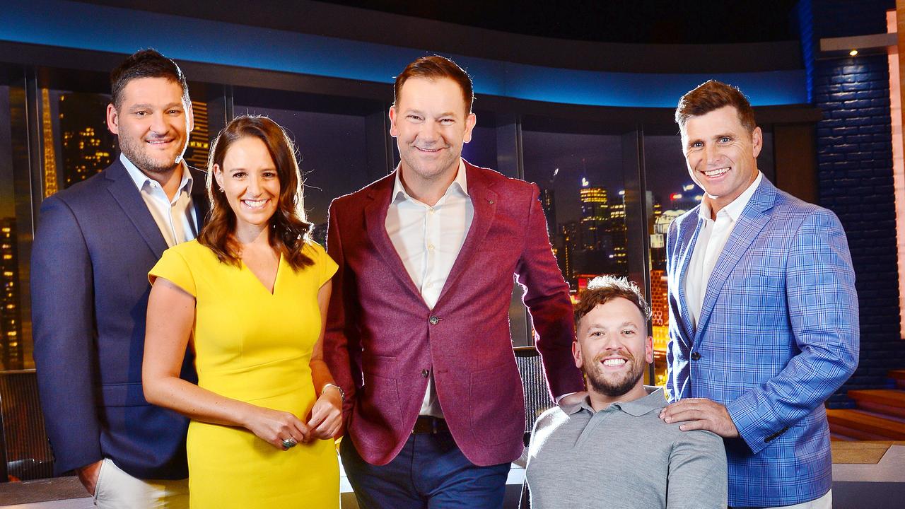 The cast of the new Channel 9 Footy Show: Brendan Fevola, Neroli Meadows, Anthony 'Lehmo' Lehmann, Dylan Alcott and Shane Crawford. Photo: Nicki Connolly.