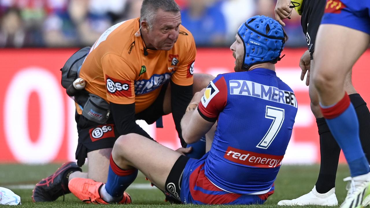 Jackson Hastings down after re-injuring his ankle. Picture: Getty