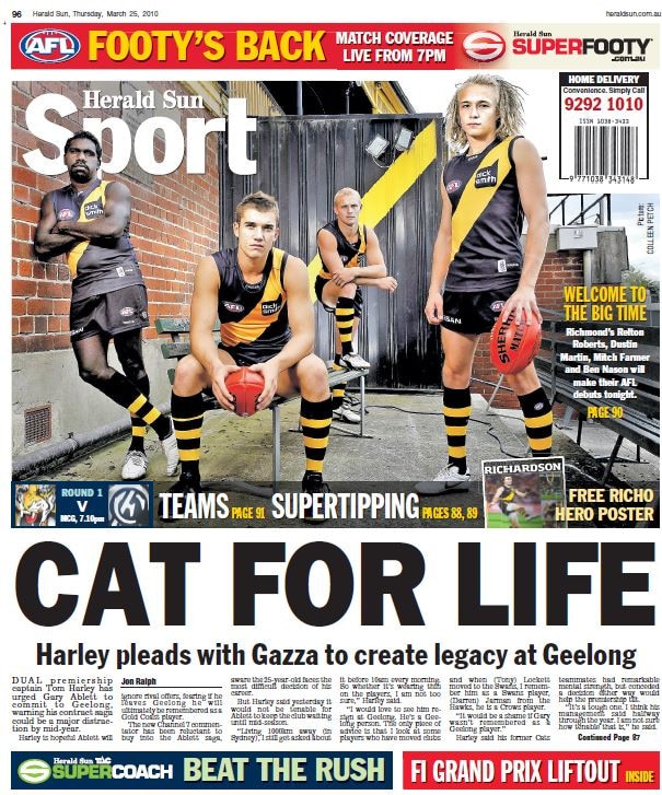 The Herald Sun's back page featuring Richmond's 2010 round 1 debutants, including Relton Roberts and Dustin Martin