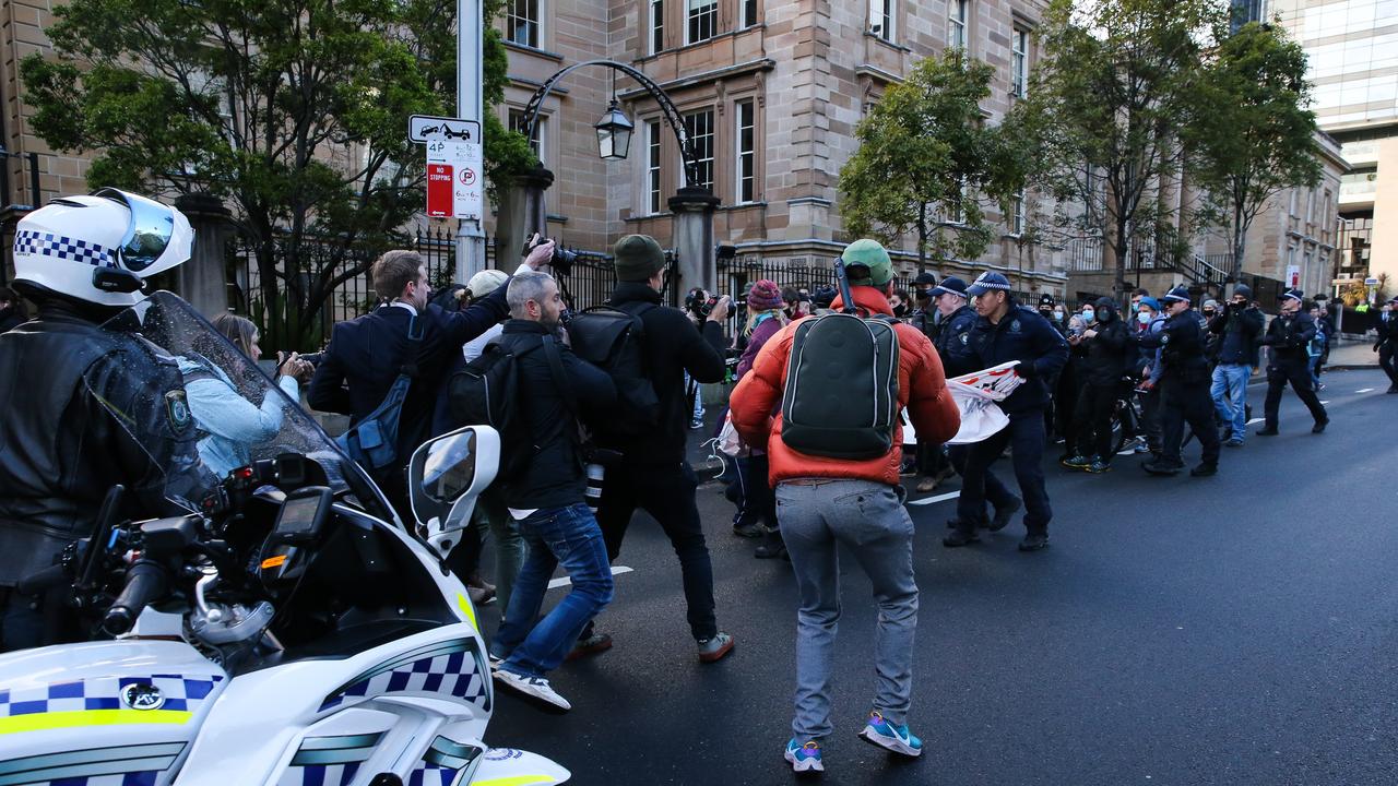 Protesters yelled ‘spaghetti’ – a code word to disperse – bringing an end to protests on Tuesday. Picture: NCA NewsWire / Gaye Gerard