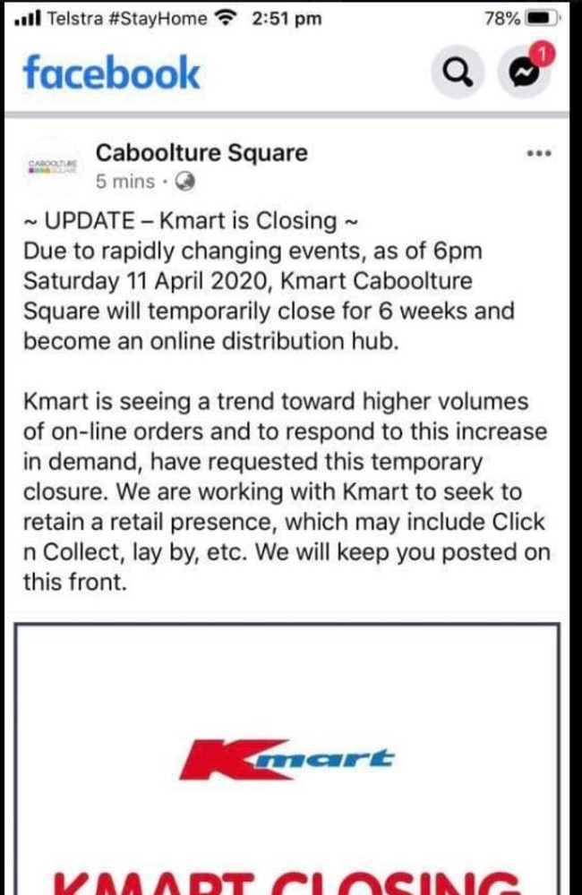 A Facebook post from Caboolture Square Shopping Centre announcing Kmart would be closing.