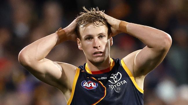 Adelaide's Jordan Dawson  after missing a goal during the AFL Gather Round match between the Adelaide Crows and Melbourne Demons at the Adelaide Oval on April 4, 2024. Photo by Phil Hillyard(Image Supplied for Editorial Use only - **NO ON SALES** - Â©Phil Hillyard )