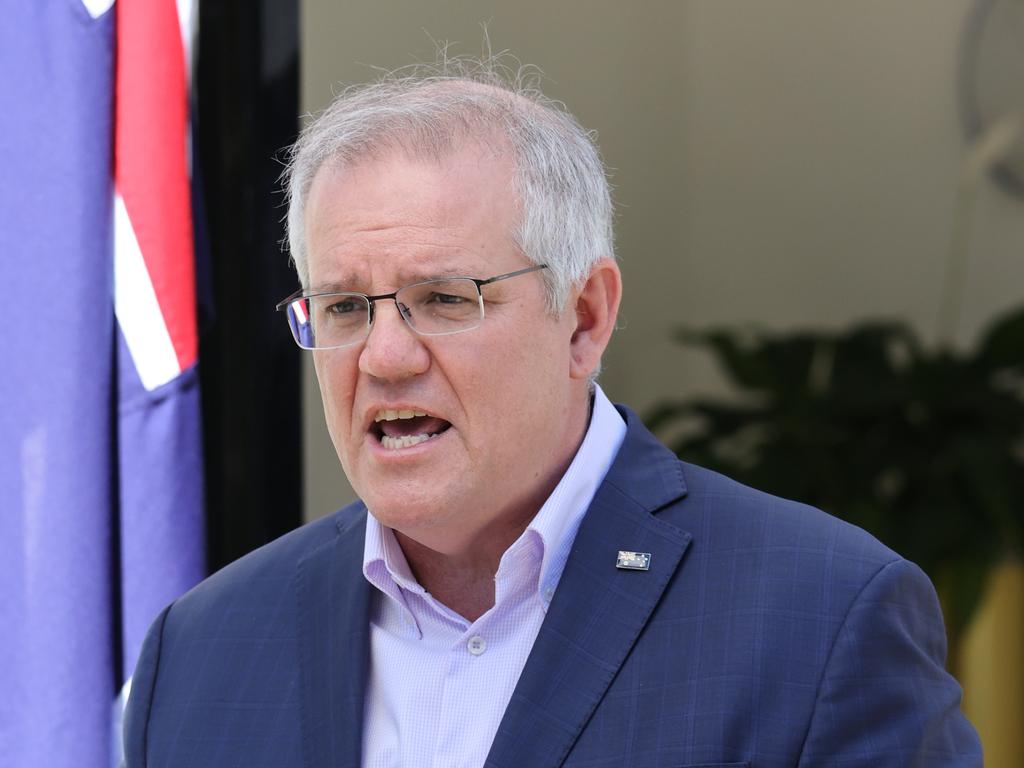 Prime Minister Scott Morrison announces the Moderna deal at Kirribilli House in Sydney. Picture: NCA NewsWire / Dylan Coker