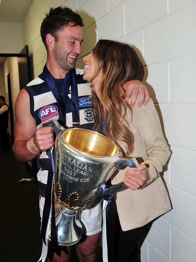 2011 Grand Final of Geelong v Collingwood: Jimmy Bartel and Nadia Coppolino in the rooms. Picture: George Salpigtidis