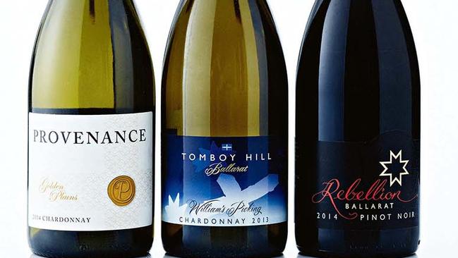 2014 Provenance Golden Plains Chardonnay, 2013 Tomboy Hill William's Picking Ballarat Chardonnay, and 2014 Tomboy Hill Rebellion Ballarat pinot noir.